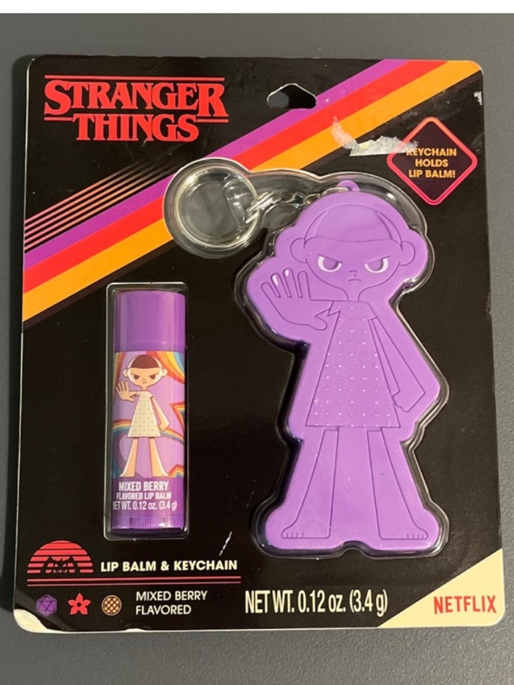 Netflix Stranger Things lip balm / key chain / bag clip, mixed berry, NEW
